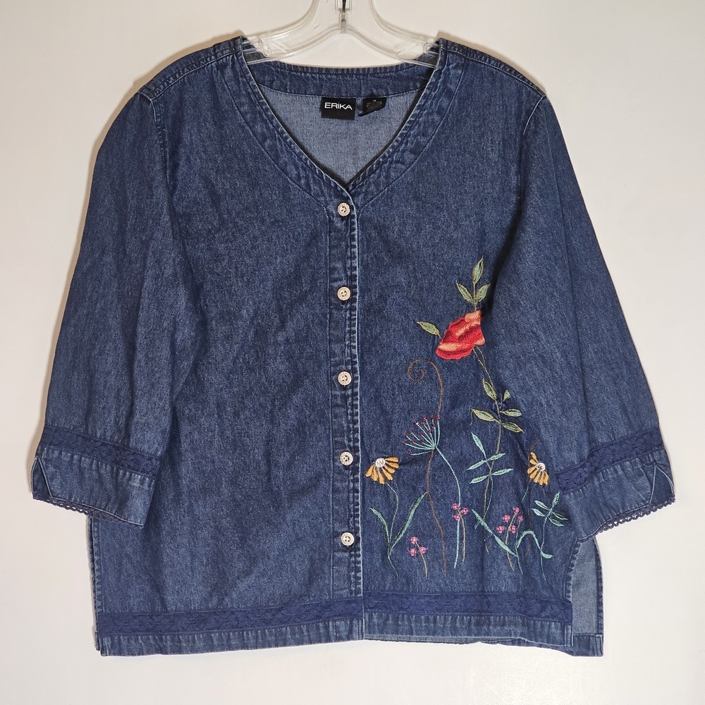 ERIKA Jacket Womens Medium Blue Denim Floral Emroidered Lace Mesh Edge Boho 90s